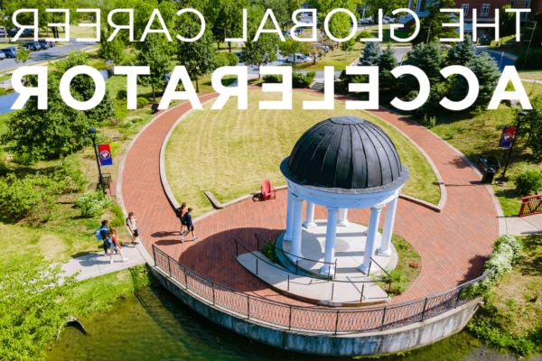 Aerial view of the gazebo in Sarah's Glen 在全球最大的博彩平台 with the text "The Global Career Accelerator."